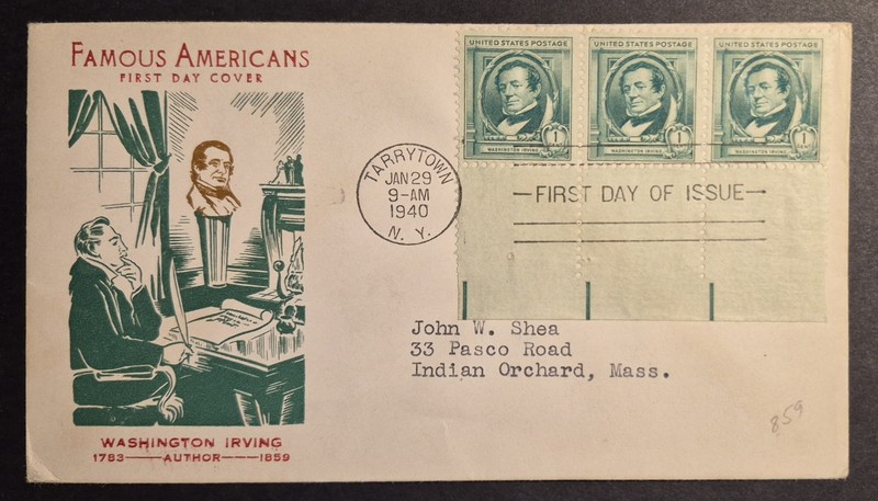 1940 First Day Cover US Scott 859 Washington Irving Famous Americans FDC
