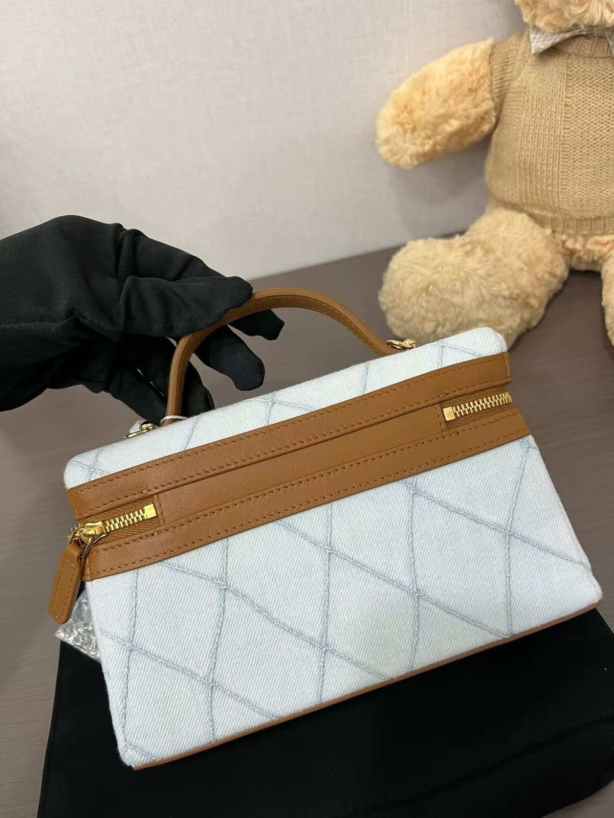 Auth Chanel Coco Beach Vanity Case Bag Light Blue Denim Top Handle Gold Hardware — image 3