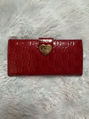 GUCCI Red Patent Leather GG Lovely Heart Long Wallet Card Zip Coin MWa0320