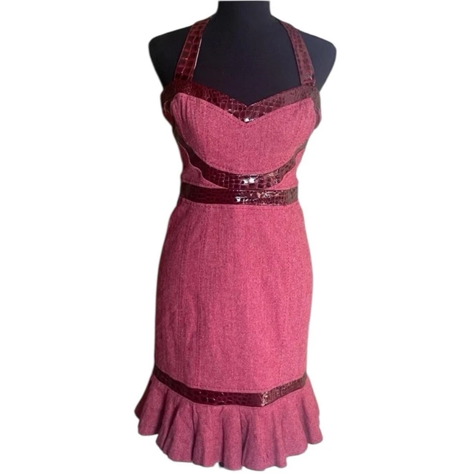 Vintage BEBE Unique Rare2Find Y2K Burgundy WoolTweed/CrocLeather Halter Dress 2 - Image 3 of 4