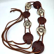 Womens Italian Leather Belt Adjustable Conchos Brown Tie Waist Bohemian Hippie