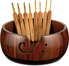 Wooden Yarn Bowl Holder, Craft Knitting Bowl with 8Pcs Metal Crochet Hooks, 7.9'