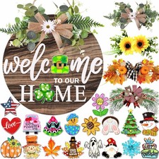 Interchangeable Welcome Sign for Front Door with 4 Seasonal Wreaths and 21 Ch...