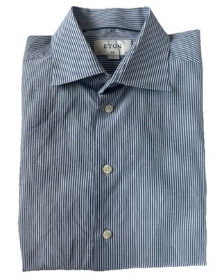 Eton Slim Fit Dress Shirt L 16.5 42 Cotton Linen Blue Striped Button Up Mens