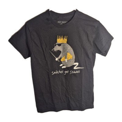 Riot Society T-Shirt Men's Small Black Graphic Snitches Get Stitches Pullover
