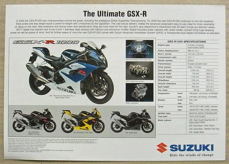 SUZUKI GSX-R1000 MOTORCYCLE Sales Spec Leaflet April 2005 #MB05 GSX-R1000-LEAF - Image 2 of 2