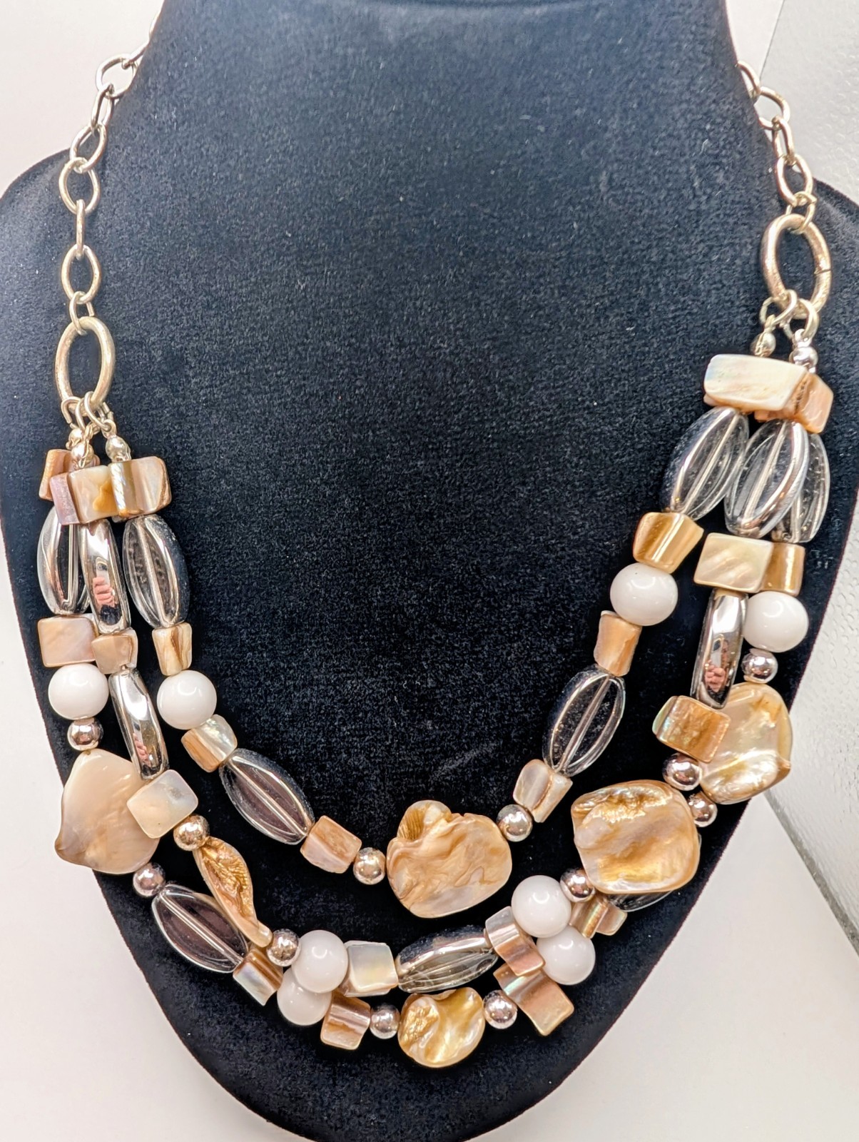 Statement Shell Bead Necklace Multi Strand Silver… - image 7