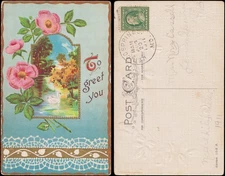 greeting, roses with swan swimming in lake, Jerico Springs MO, 1911, embossed