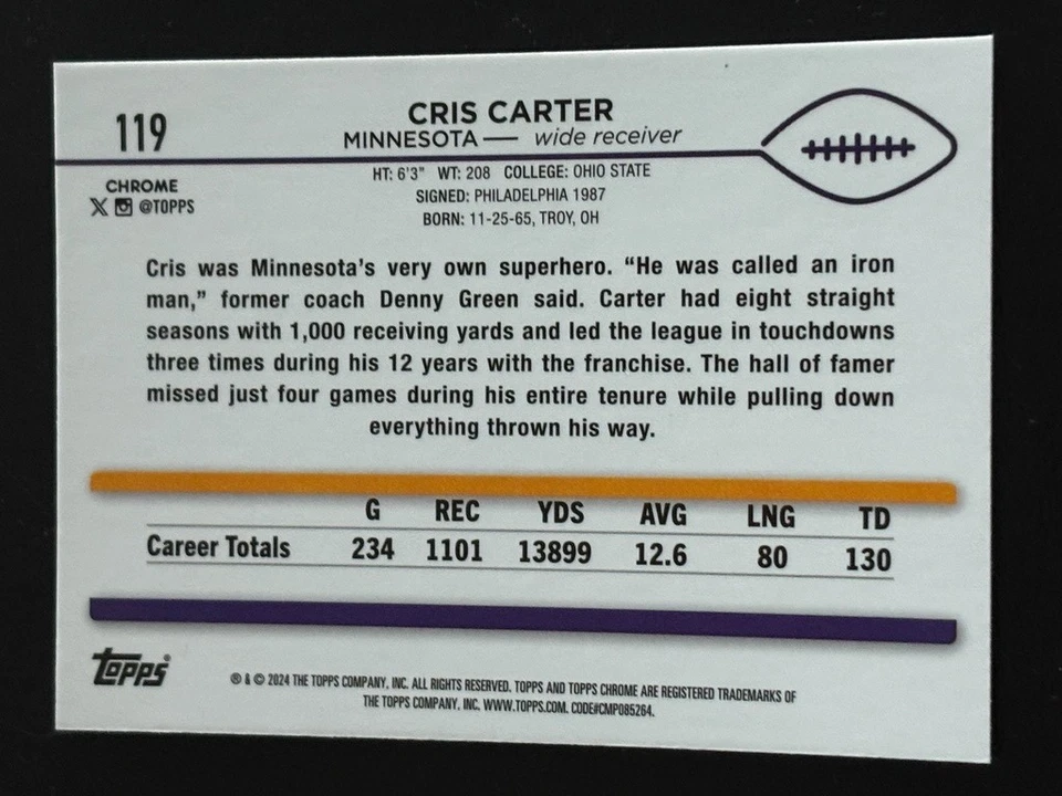 Cris Carter 2024 Topps Chrome X-Fractor #119 Minnesota Vikings - Image 2 of 2