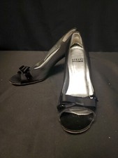 Stuart Weitzman Black Satin Bow Rhinestones Stiletto Heels Pumps Peep Toe 6.