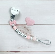 Nuckelkette Silicone Name Pink White Grey Bow Pacifier Chain