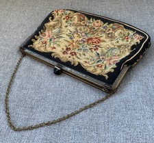 Vintage Austrian 1930  s Petit Point Floral Needlepoint Purse Jeweled Clutch Onyx