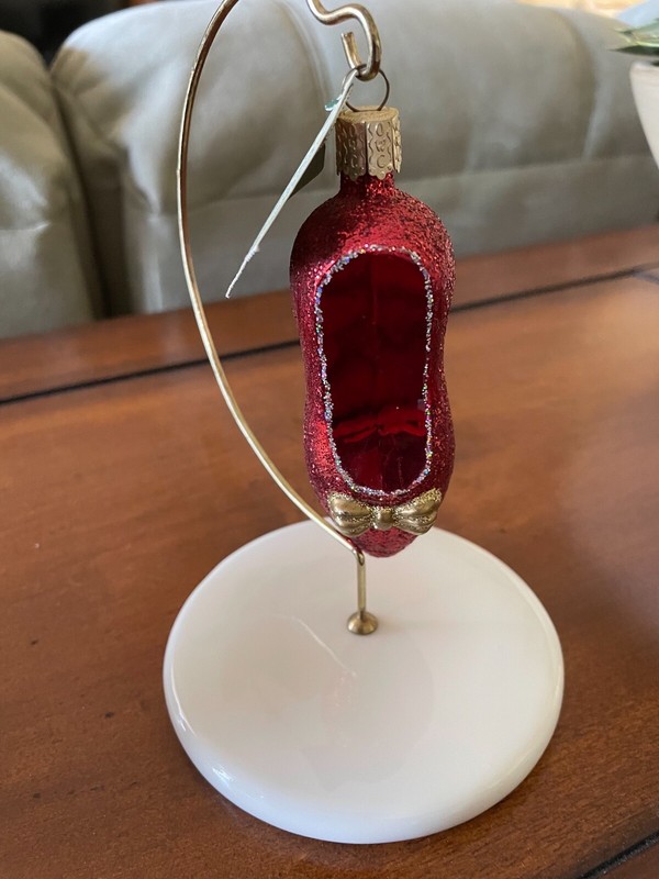 Olde World Christmas Ruby Slipper from 1990's with display stand