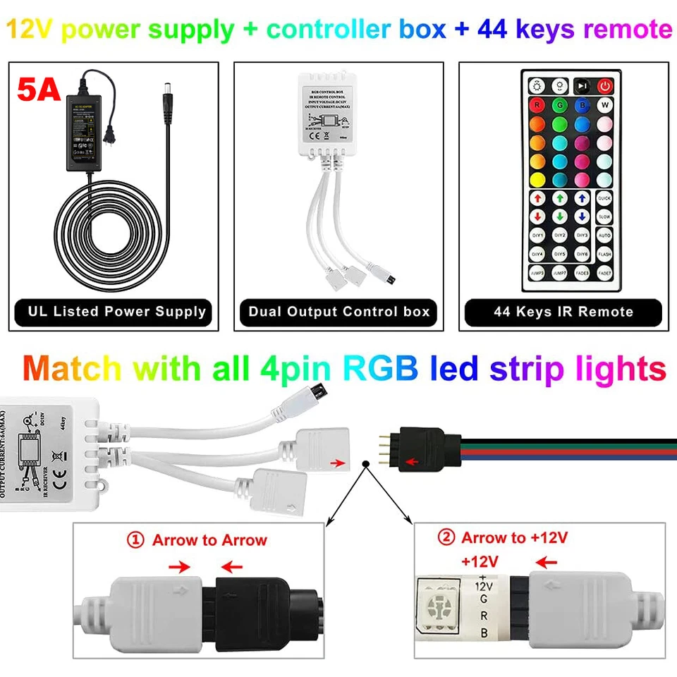 44Key IR Controller+Power Supply Adapter For 2835 3528 5050 RGB LED Strip Lights - Image 2 of 4