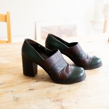 Vintage 60s/70s Leather Green Brown Color Block Heels Made In Italy