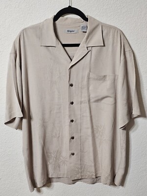 Brigata Shirt Mens Large Beige Button Up Short Sleeve Front Pocket 100% Silk Top