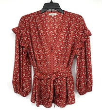 Max Studio Top Women Size Medium Red Floral Print V Neck Ruffle Sleeve Tie Waist