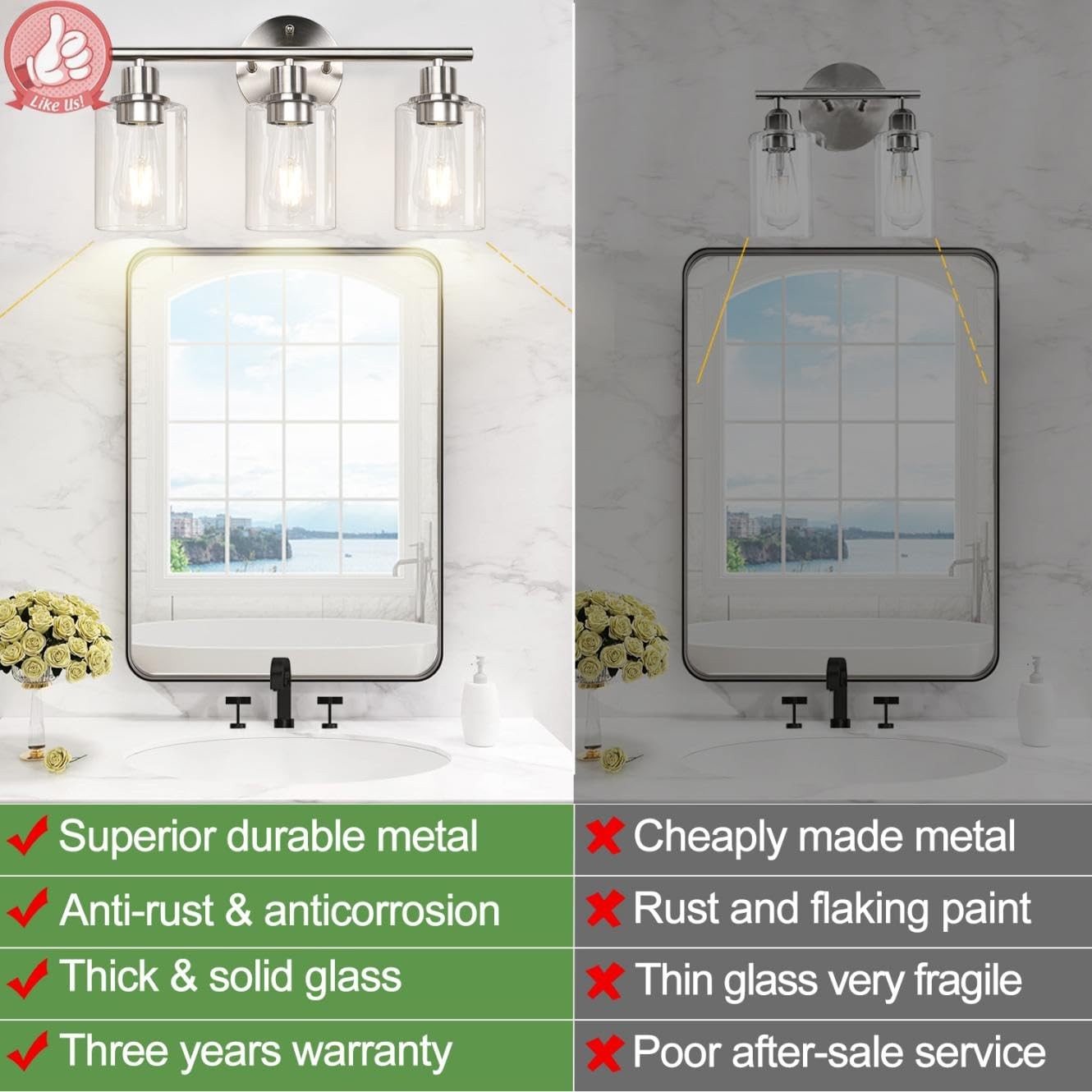 3-Light Bathroom Light Fixtures, Brushed Nickel Vanity Light, Farmhouse Wall ...