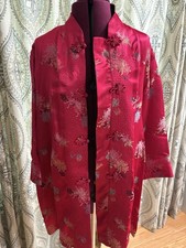 PEONY China LONG Kimono ROBE Red Satin Jacquard VINTAGE 80s Shanghai Size M/L