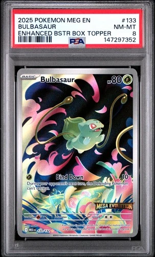 2025 POKEMON MEG EN-MEGA EVOLUTION ENHANCED BOOSTER BOX TOPPER BULBASAUR PSA 8