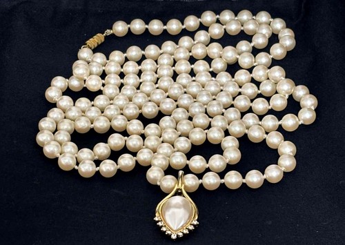 High End Fashion Jewelry Knotted Faux 55" Pearl Necklace-Signed Tat Pendant VTG