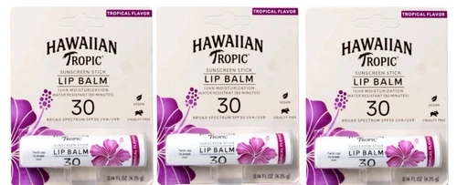 3 Pack HAWAIIAN TROPIC Lip Balm Sunscreen .14oz SPF30 Tropical Flavor Chapstick