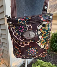 Fossil Key-Per Crossbody Purse - Coated Cow Hide Leather Brown Colorful Flowers