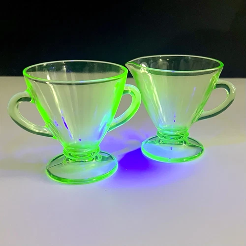 Vintage 1930 Hazel Atlas Green Glass Ovide Creamer and Sugar Set Uranium Glows