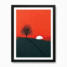 Sunset With A Tree, Minimalism Art  Framed Wall Art Poster Canvas Print Picture