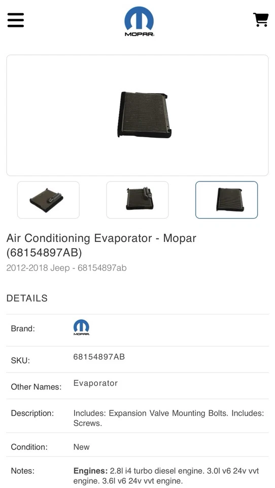 NEW Genuine Mopar 68154897AB A/C Evaporator Core Jeep - Image 3 of 3