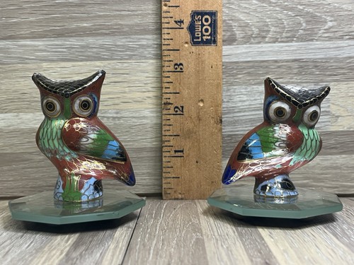 Vintage Cloisonne Enamel and Bronze 2 PC Black w Green Head Owls Figurine Set