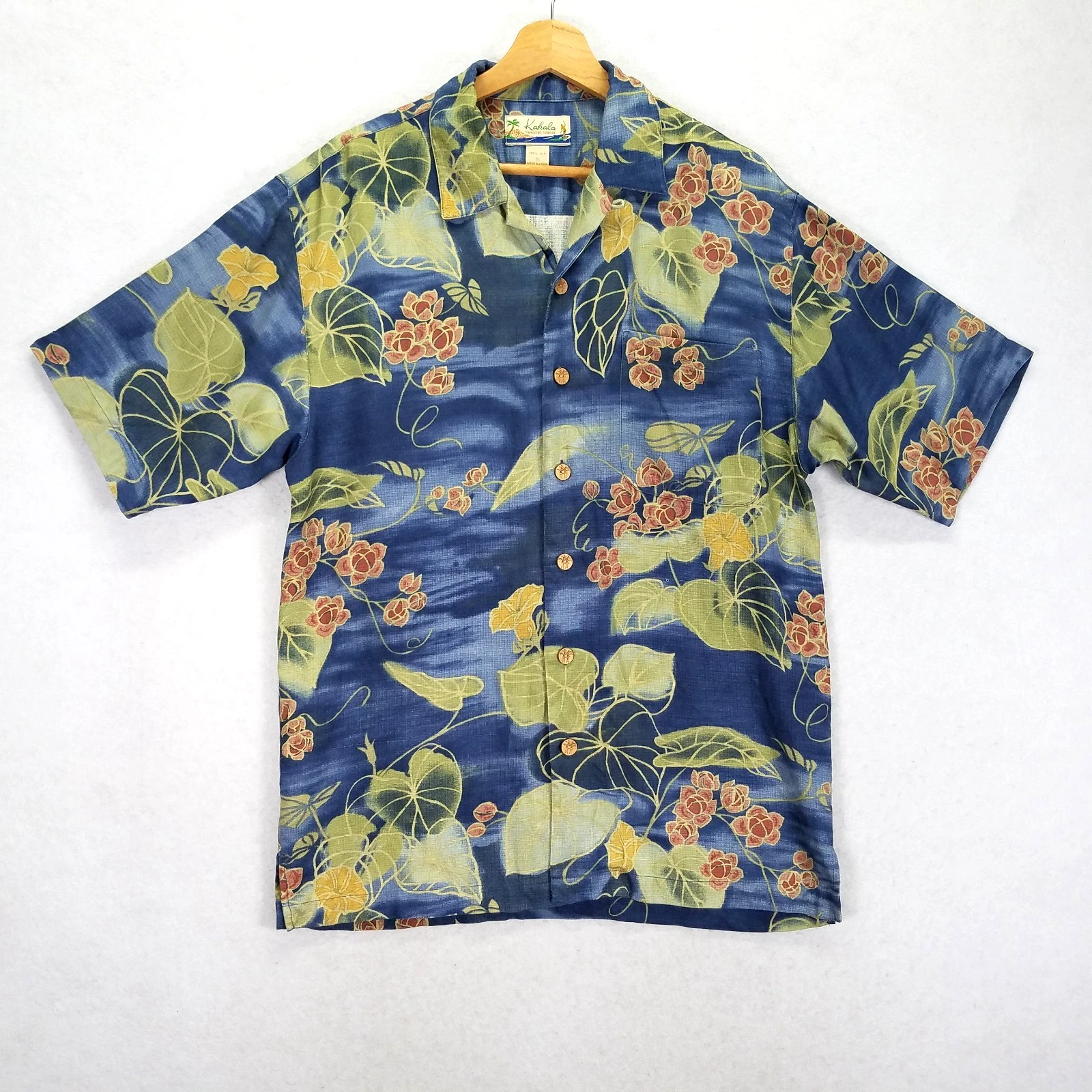 Vtg Kahala Avi Hawaiian Shirt Small S Men 100% Silk Blue Floral Aloha Camp Top