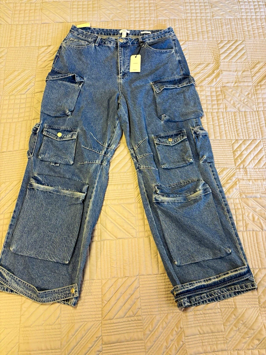 Pantalones de mezclilla para mujer Forever 21 cargo azul lavado medio bolsillos talla 14