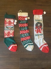Vintage Lot of 3 1980s Long Knit Christmas Stockings w/Pom Poms