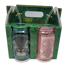 Wicked Dragon Glassware 2 Pack 16 oz Glinda Elphiba Glass W/Straw Set NEW IN BOX