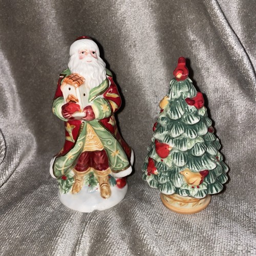 Fitz & Floyd Bellacara Holiday Santa & Christmas Tree Figurine Salt & Pepper Set