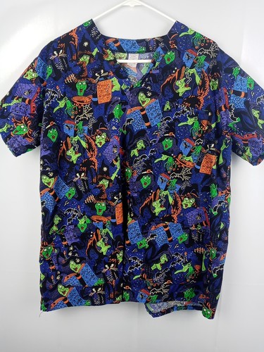 Scrub Shirt Women's M Short Sleeve Halloween Print V Neck Medical Nurse 3 Pocket - Picture 10 of 16