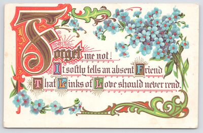 Greetings~Forget Me Not~Poem in Fancy Lettering~c1910 Postcard