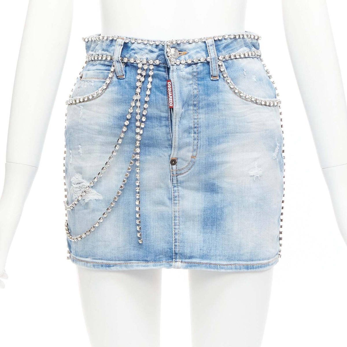DSQUARED2 blue distressed denim crystal chain embellished