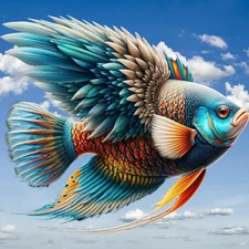 "FLYING FISH" Hybrid Fantasy Art Stretched Giclee Canvas Print - Unique Original