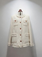 Handmade Tweed Boucle Cream/White Down Jacket With Metal Button Size L