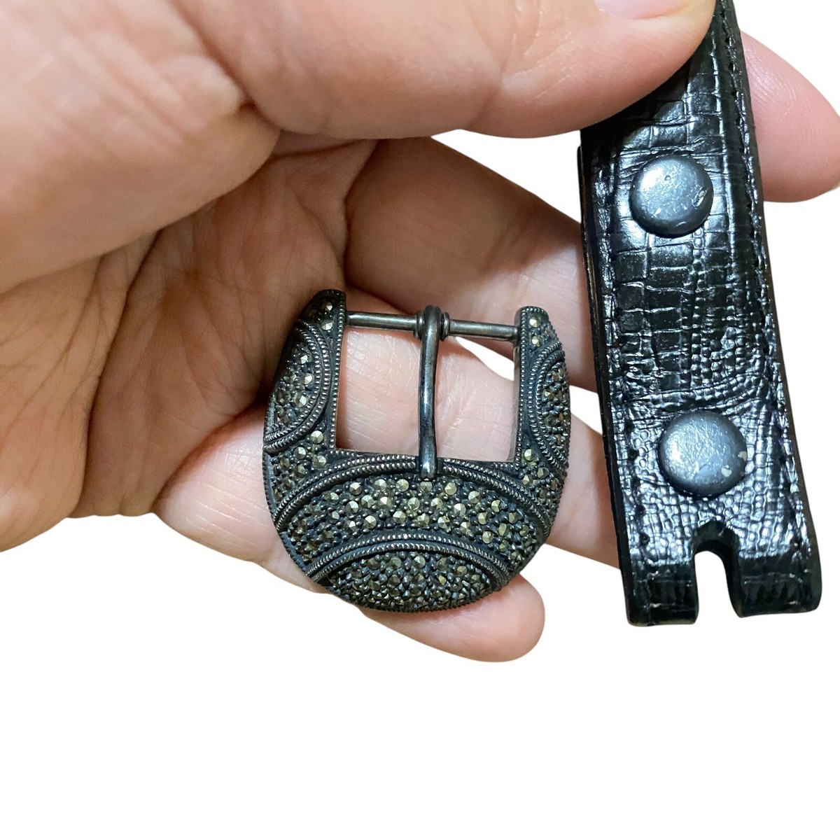 Judith Jack Sterling Silver Marcasite Buckle Genuine Leather 