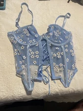 Body Rage Size S Sheer Blue Sparkle Daisy Lace Up Corset  Cottage Core Coquette
