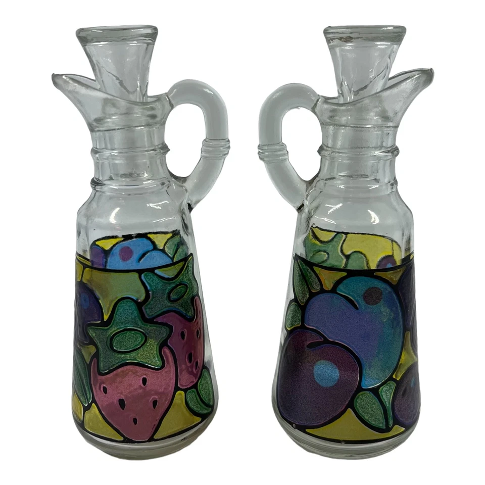 Decantador de vinagre de aceite Anchor Hocking vintage con tapones vitral de frutas Foto 2 de 4