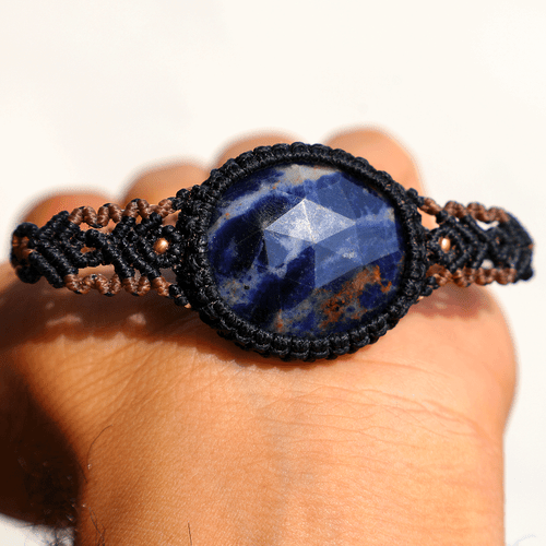 Hand Crafted Natural Faceted Sodalite Micro Macrame Cuff Reiki Gemstone Bracelet - Picture 2 of 10