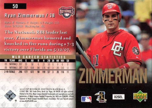 2007 SP Rookie Edition Ryan Zimmerman Washington Nationals #50 - Picture 2 of 2