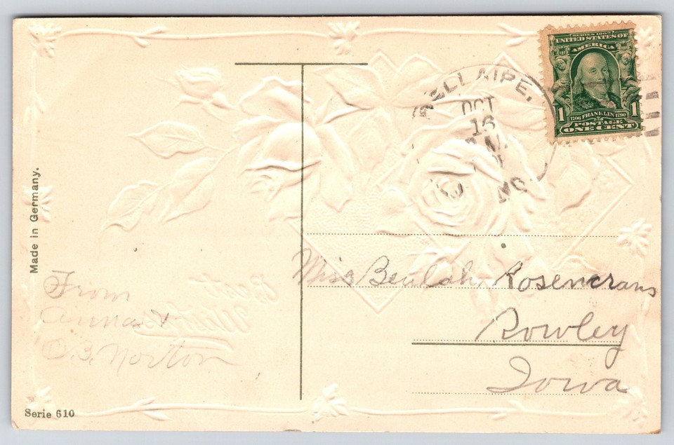 Best WishesPink Roses On Green Background W/ GoldEmbossedVintage