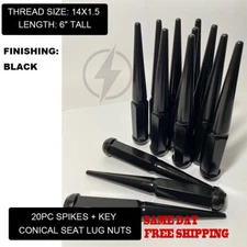 FIT FORD FUSION MUSTANG EDGE TRANSIT SPIKE LUG NUT 6" 14x1.5 BLACK 20PC+KEY