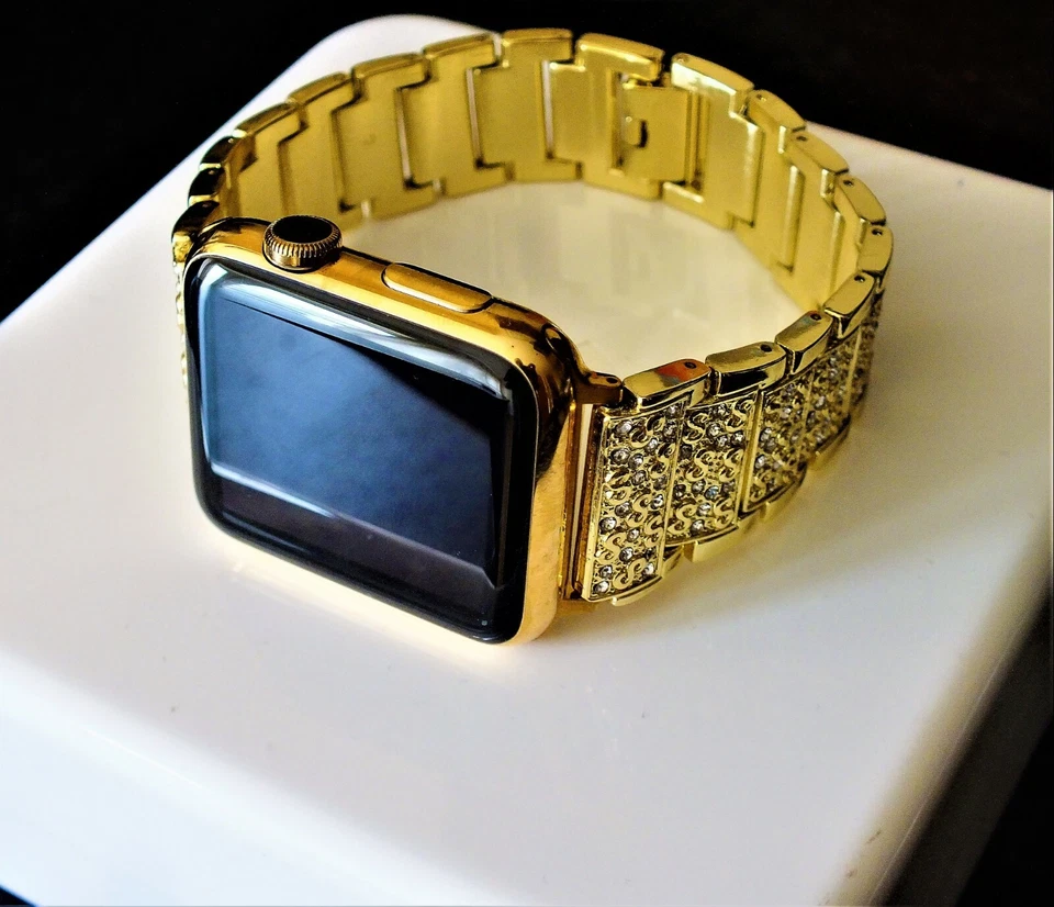 24ct Gold Plated 42MM Apple Watch Smart Gold Links Band Diamond Rhinestones 24K, photo 1 of 5