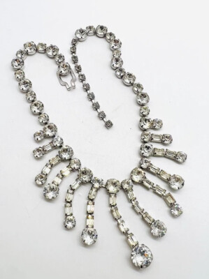 Wide EISENBERG Clear Rhinestone Bib Necklace Rhodium Pl. Signed Vintage Jewelry